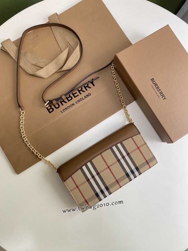 Burberry專門店新款House格紋拼皮革錢夾 巴寶莉小型手袋鏈條錢包 yxb1225